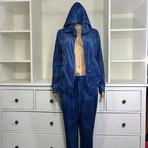 Juicy Couture Blue Acid Wash Velour Tracksuit Hoodie Pants Set Size Medium